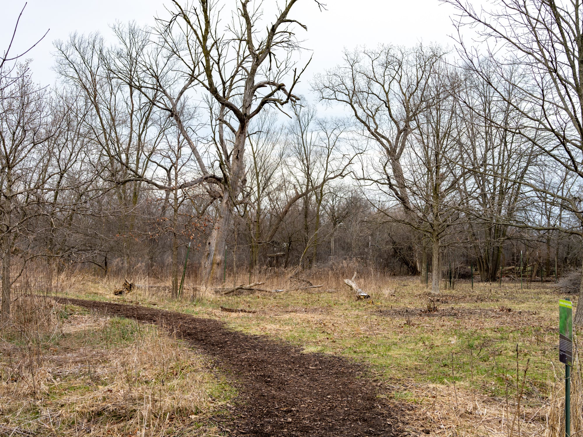 The sign on the right reads, "This is not a trail, it's a swale."